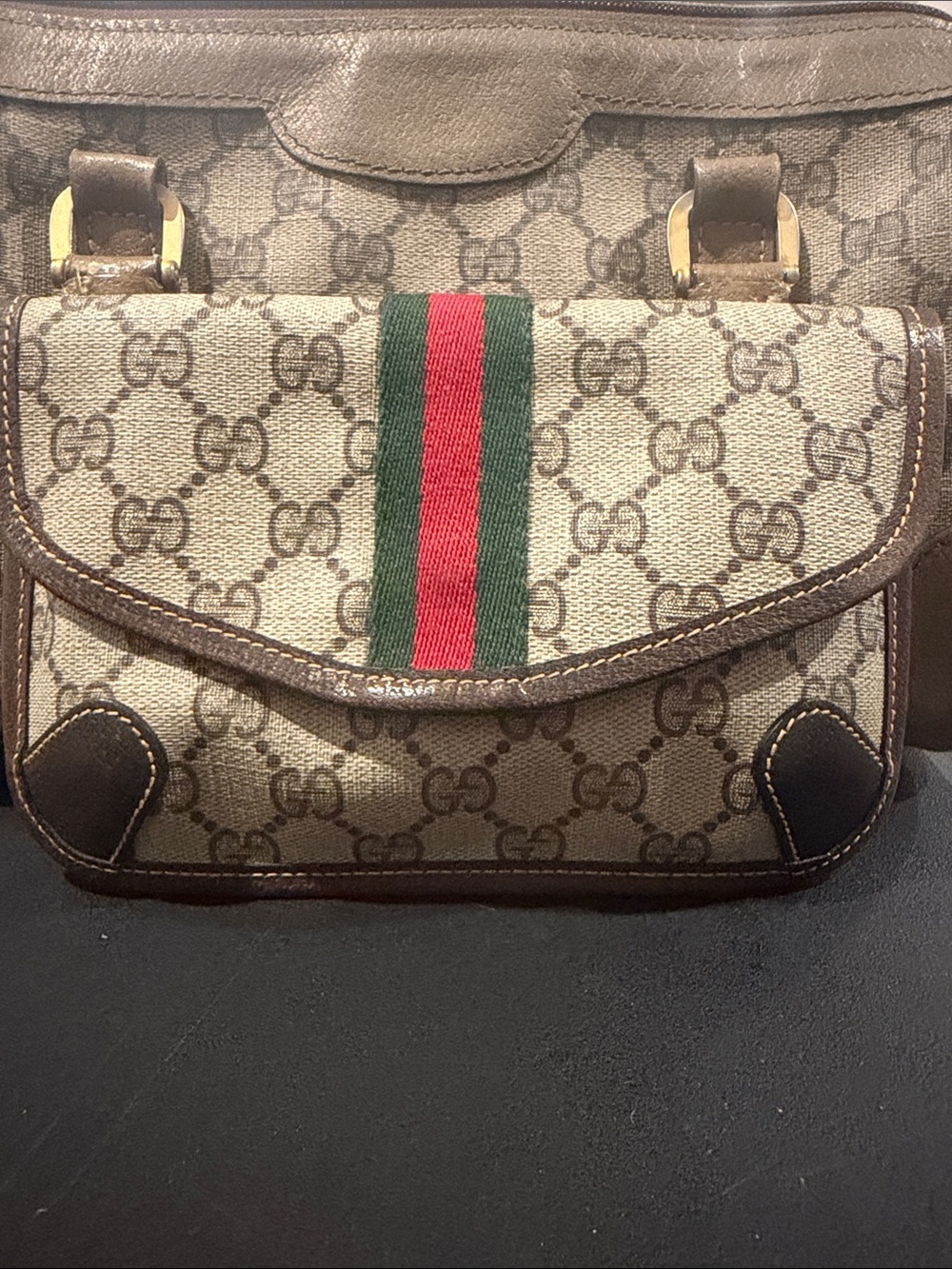 Gucci Beige GG Canvas Shoulder Bag with Green and Red Web Stripe